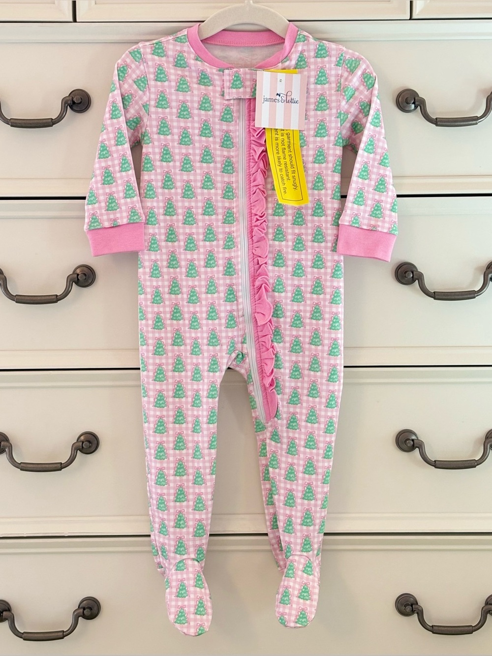 NWT James & Lottie Pink Gingham Christmas Tree Ruffle Footie Size 9 Months